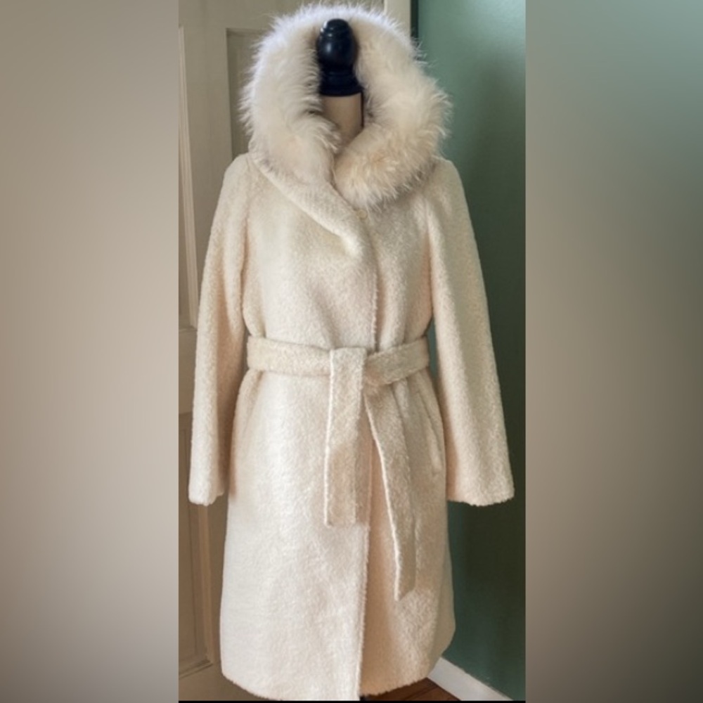 Womens wrapped belted hooded fur jacket coat, size M